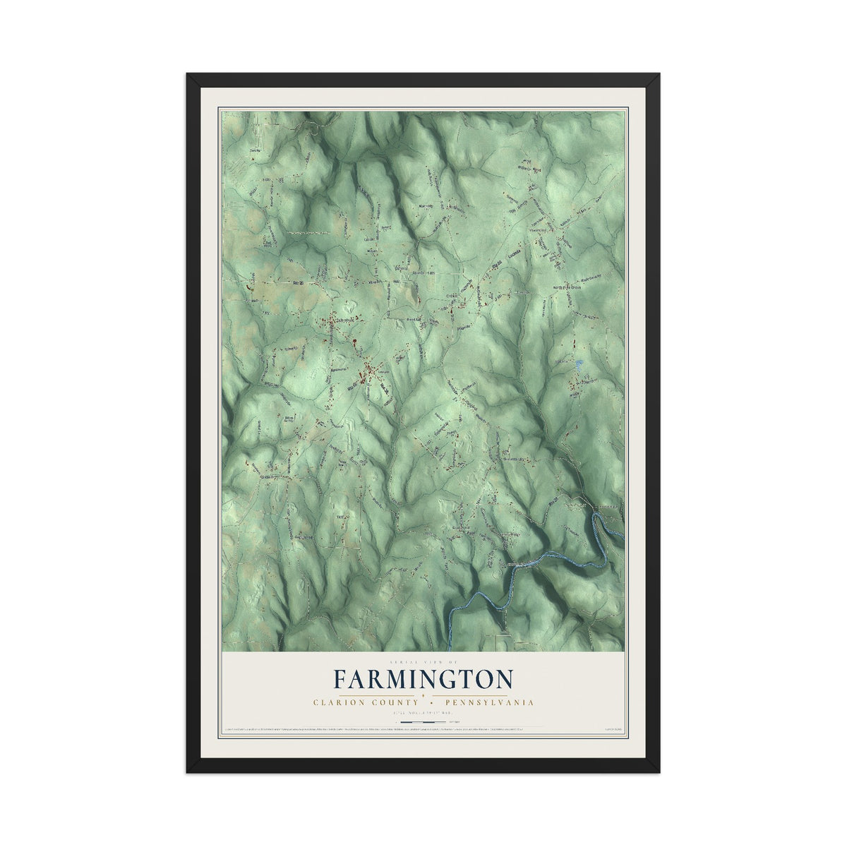Map of Farmington, Clarion County, Pennsylvania, 12 x 18 inch print in a black wood frame