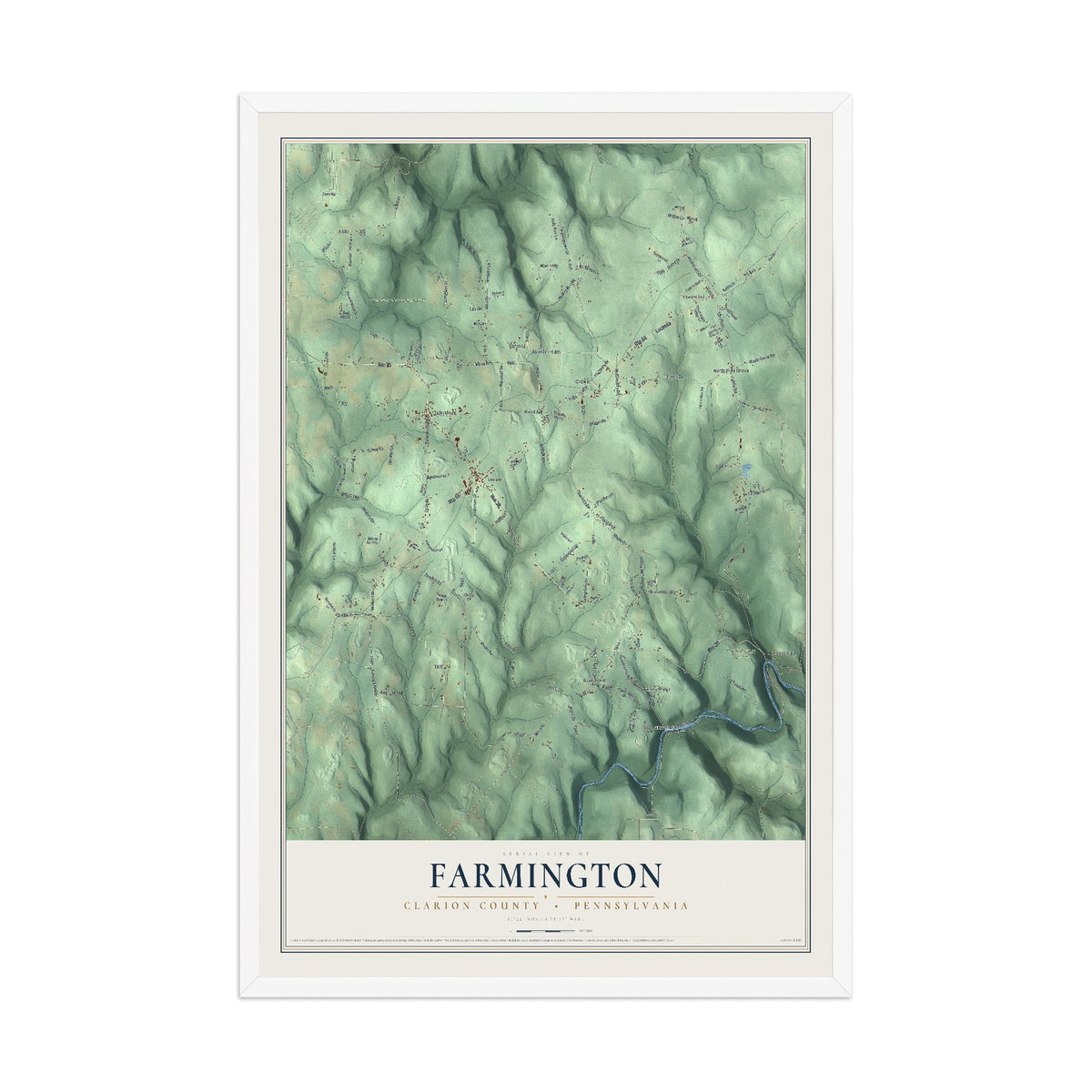 Map of Farmington, Clarion County, Pennsylvania, 12 x 18 inch print in a white wood frame