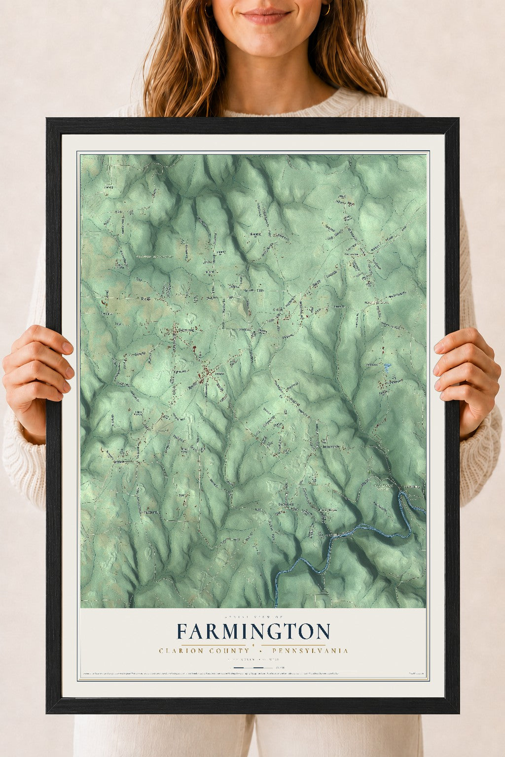 Map of Farmington, Clarion County, Pennsylvania, 18 x 24 inch print in a black wood frame