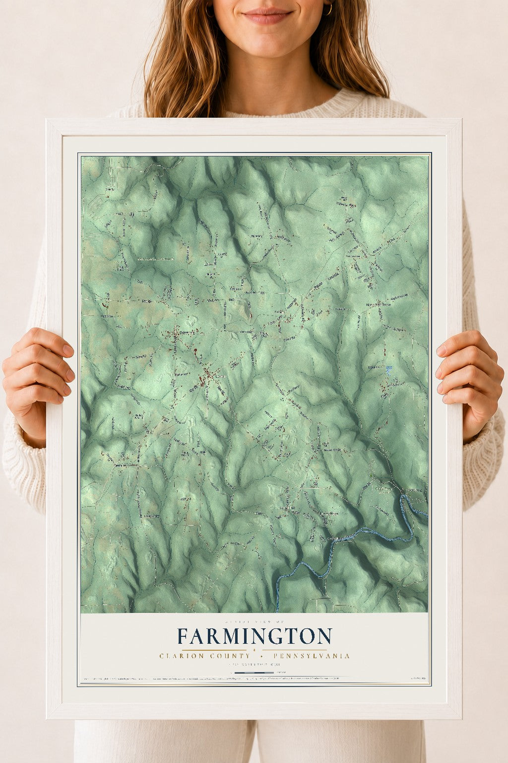 Map of Farmington, Clarion County, Pennsylvania, 18 x 24 inch print in a white wood frame