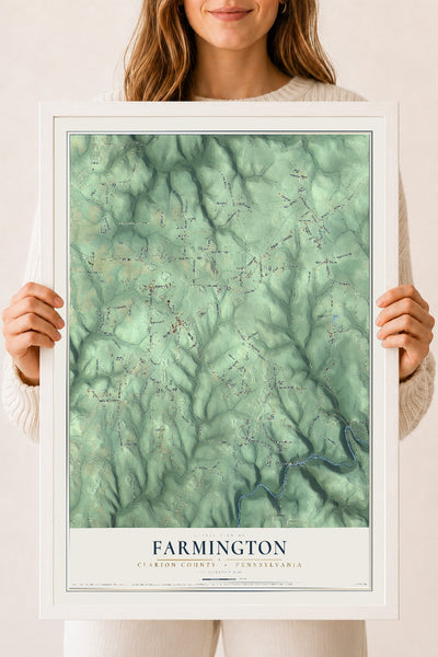 Map of Farmington, Clarion County, Pennsylvania, 18 x 24 inch print in a white wood frame