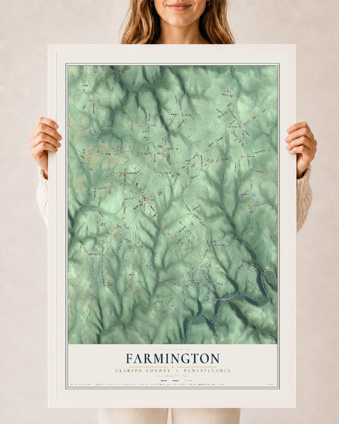 Map of Farmington, Clarion County, Pennsylvania, 24 x 36 inch print in a white wood frame