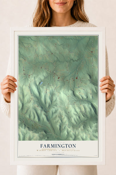 Map of Farmington, Warren County, Pennsylvania, 18 x 24 inch print in a white wood frame