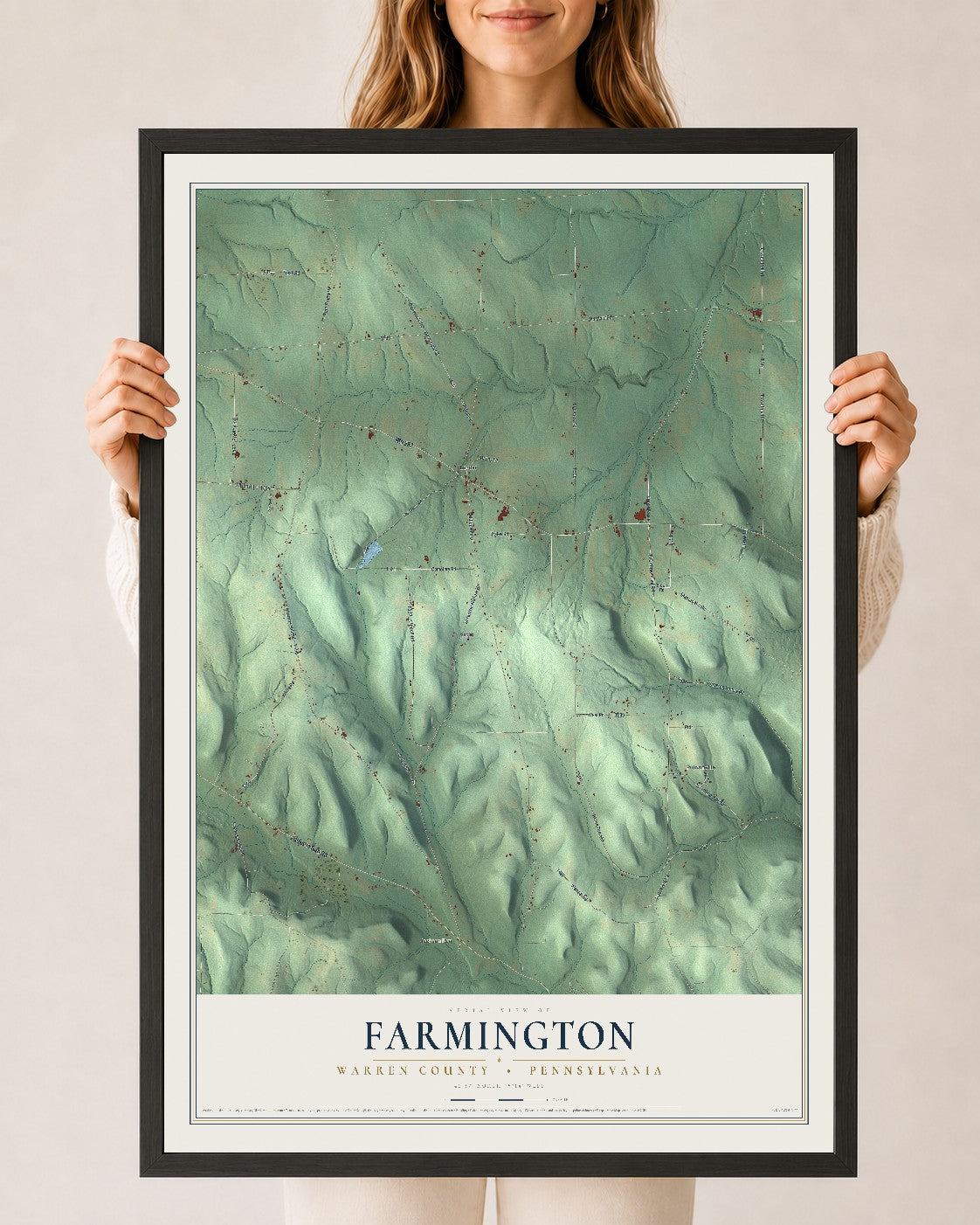 Map of Farmington, Warren County, Pennsylvania, 24 x 36 inch print in a black wood frame