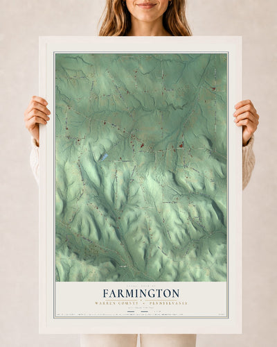Map of Farmington, Warren County, Pennsylvania, 24 x 36 inch print in a white wood frame