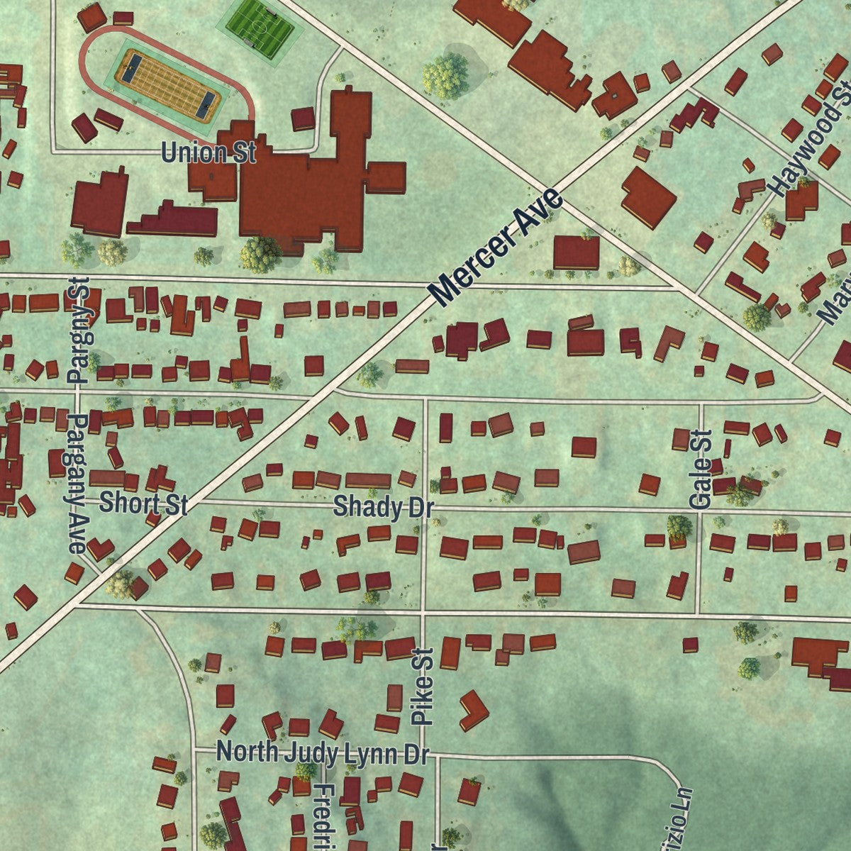 Second close-up of the map of Farrell, Pennsylvania print showing more streets and buildings