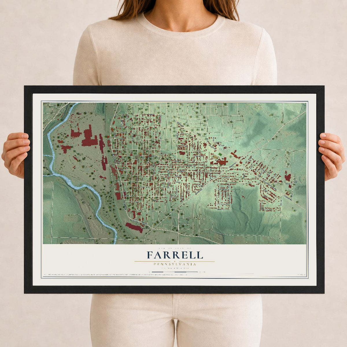 Map of Farrell, Pennsylvania, 12 x 18 inch print in a black wood frame