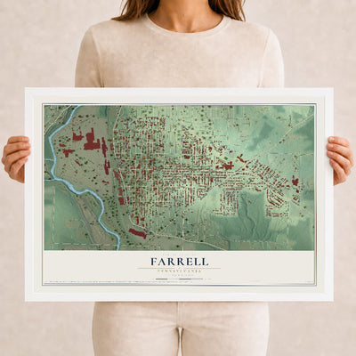 Map of Farrell, Pennsylvania, 12 x 18 inch print in a white wood frame