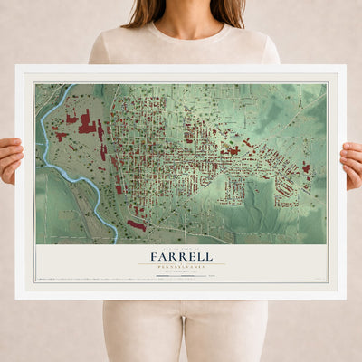 Map of Farrell, Pennsylvania, 18 x 24 inch print in a white wood frame