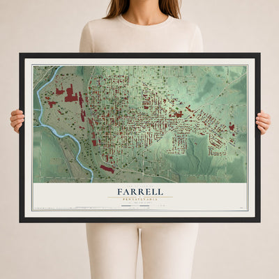 Map of Farrell, Pennsylvania, 24 x 36 inch print in a black wood frame