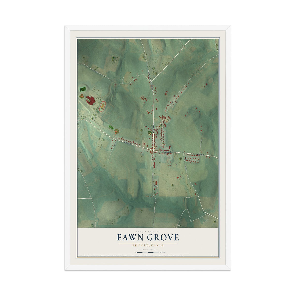 Map of Fawn Grove, Pennsylvania, 12 x 18 inch print in a white wood frame