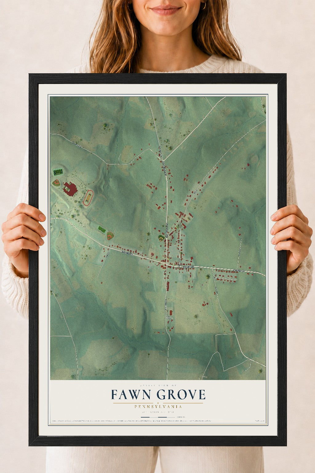 Map of Fawn Grove, Pennsylvania, 18 x 24 inch print in a black wood frame