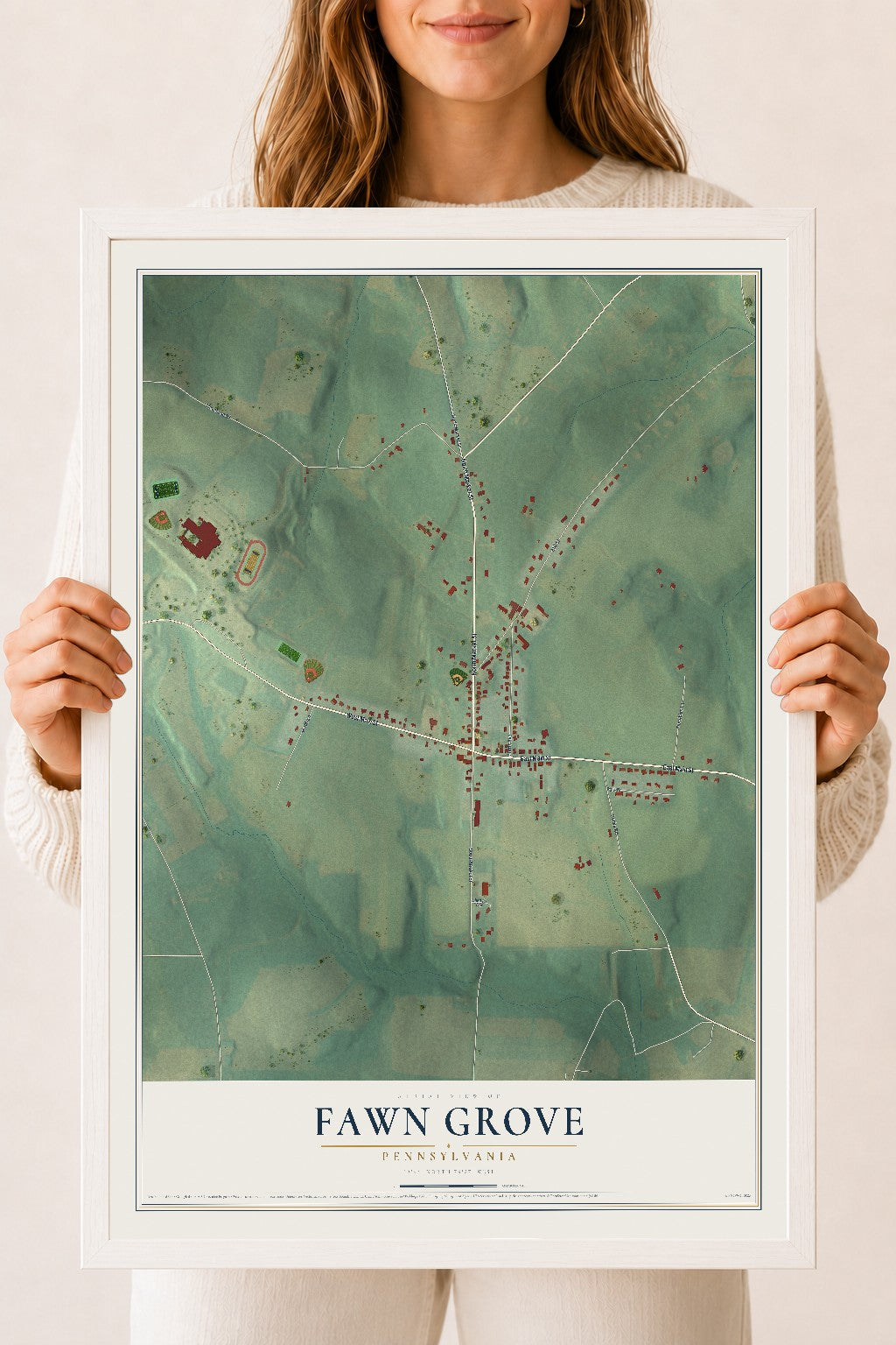 Map of Fawn Grove, Pennsylvania, 18 x 24 inch print in a white wood frame