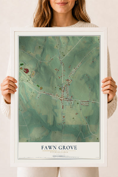 Map of Fawn Grove, Pennsylvania, 18 x 24 inch print in a white wood frame