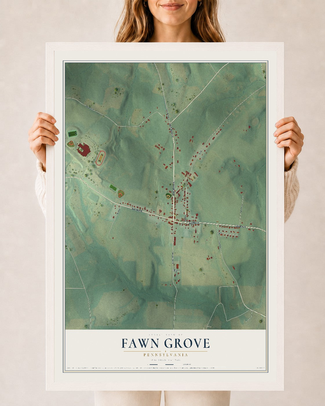 Map of Fawn Grove, Pennsylvania, 24 x 36 inch print in a white wood frame