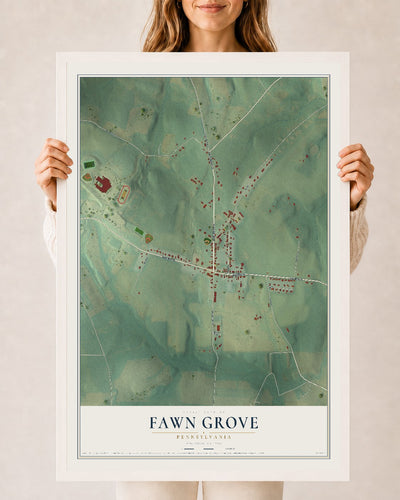 Map of Fawn Grove, Pennsylvania, 24 x 36 inch print in a white wood frame