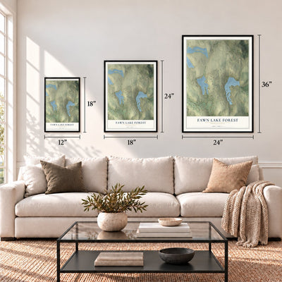 Fawn Lake Forest, Pennsylvania map in 12 x 18, 18 x 24 and 24 x 36 inch sizes above a sofa