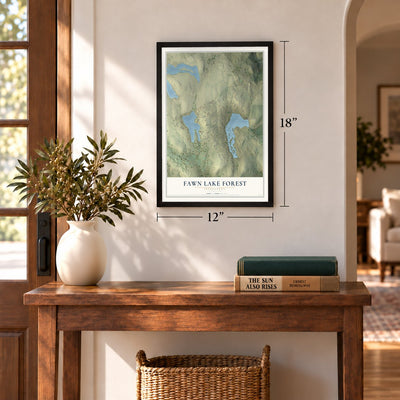 Fawn Lake Forest, Pennsylvania map, 12 x 18 inch print in a black frame in an entryway