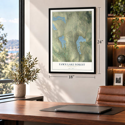 Fawn Lake Forest, Pennsylvania map, 18 x 24 inch print in a black frame in a home office
