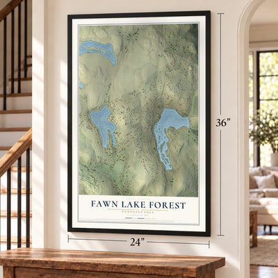 Fawn Lake Forest, Pennsylvania map, 24 x 36 inch print in a black frame by a staircase