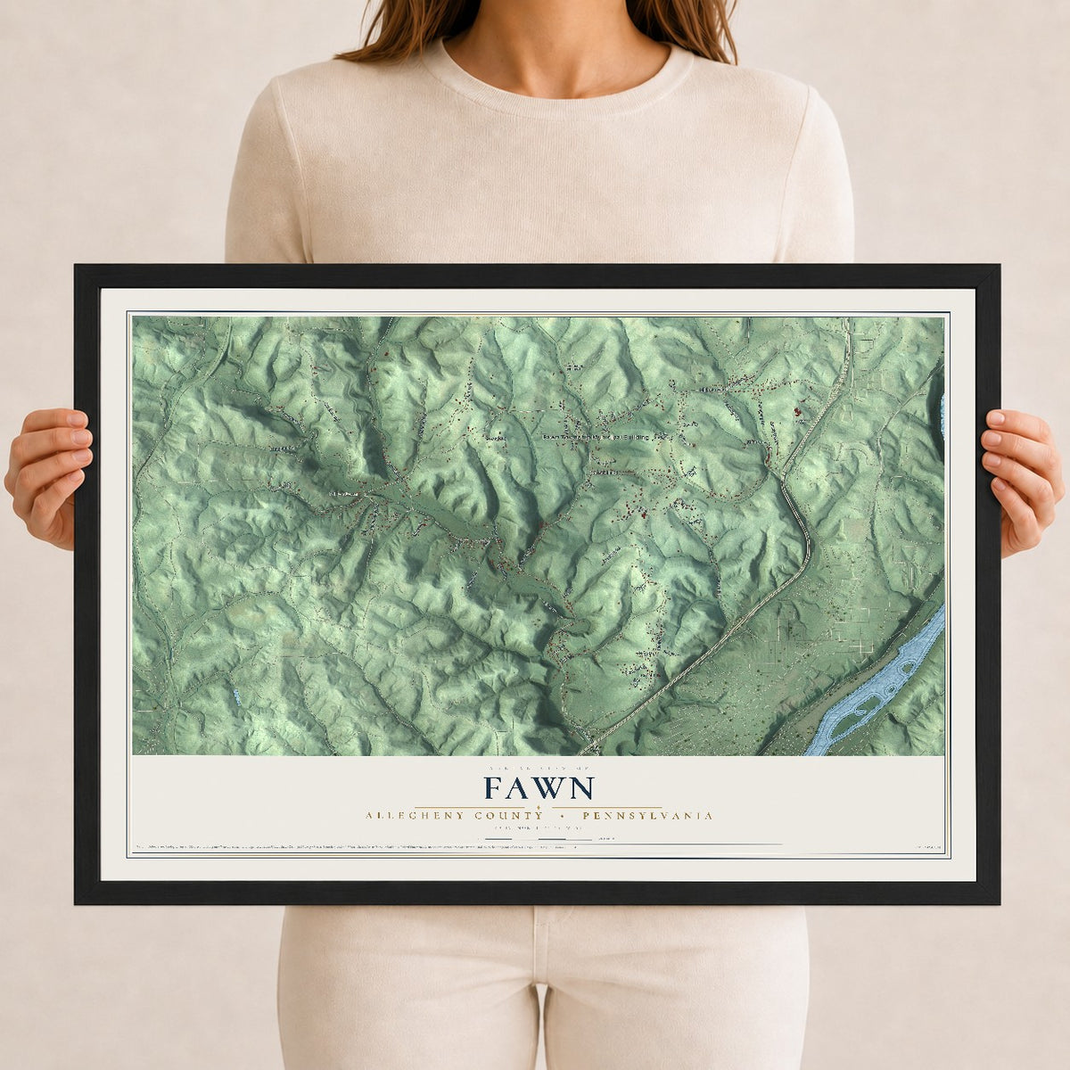 Map of Fawn, Allegheny County, Pennsylvania, 12 x 18 inch print in a black wood frame