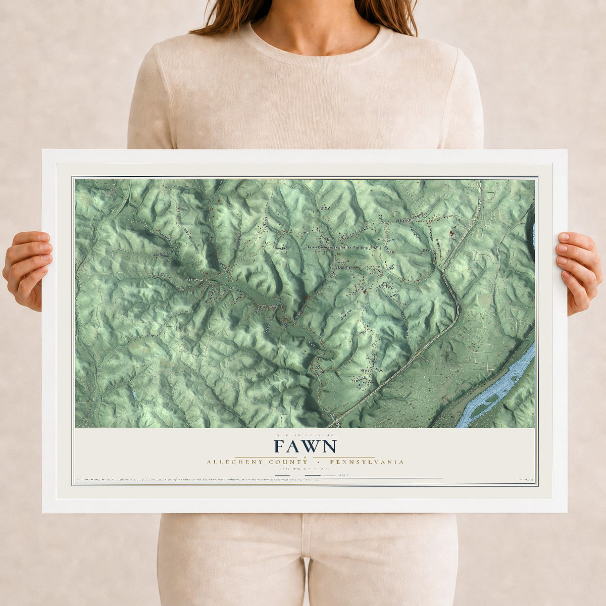 Map of Fawn, Allegheny County, Pennsylvania, 12 x 18 inch print in a white wood frame