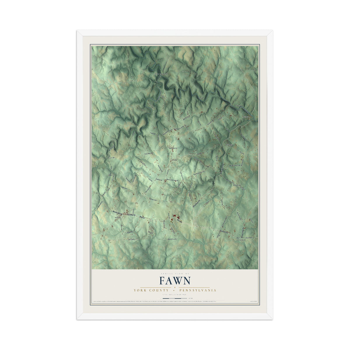 Map of Fawn, York County, Pennsylvania, 12 x 18 inch print in a white wood frame