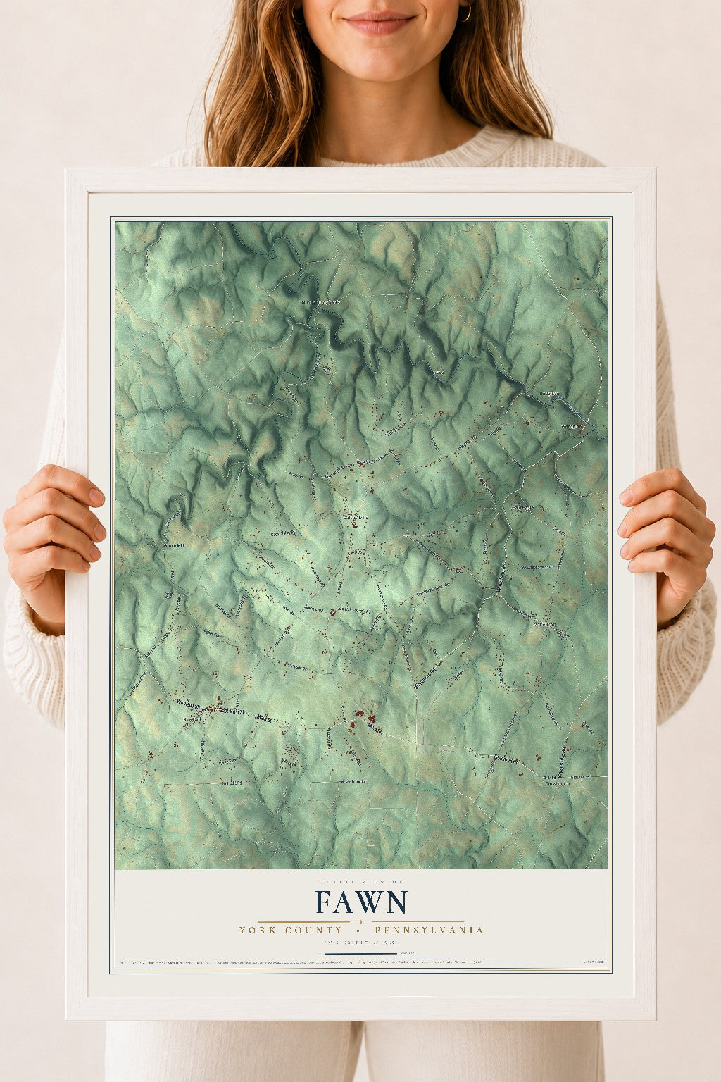 Map of Fawn, York County, Pennsylvania, 18 x 24 inch print in a white wood frame