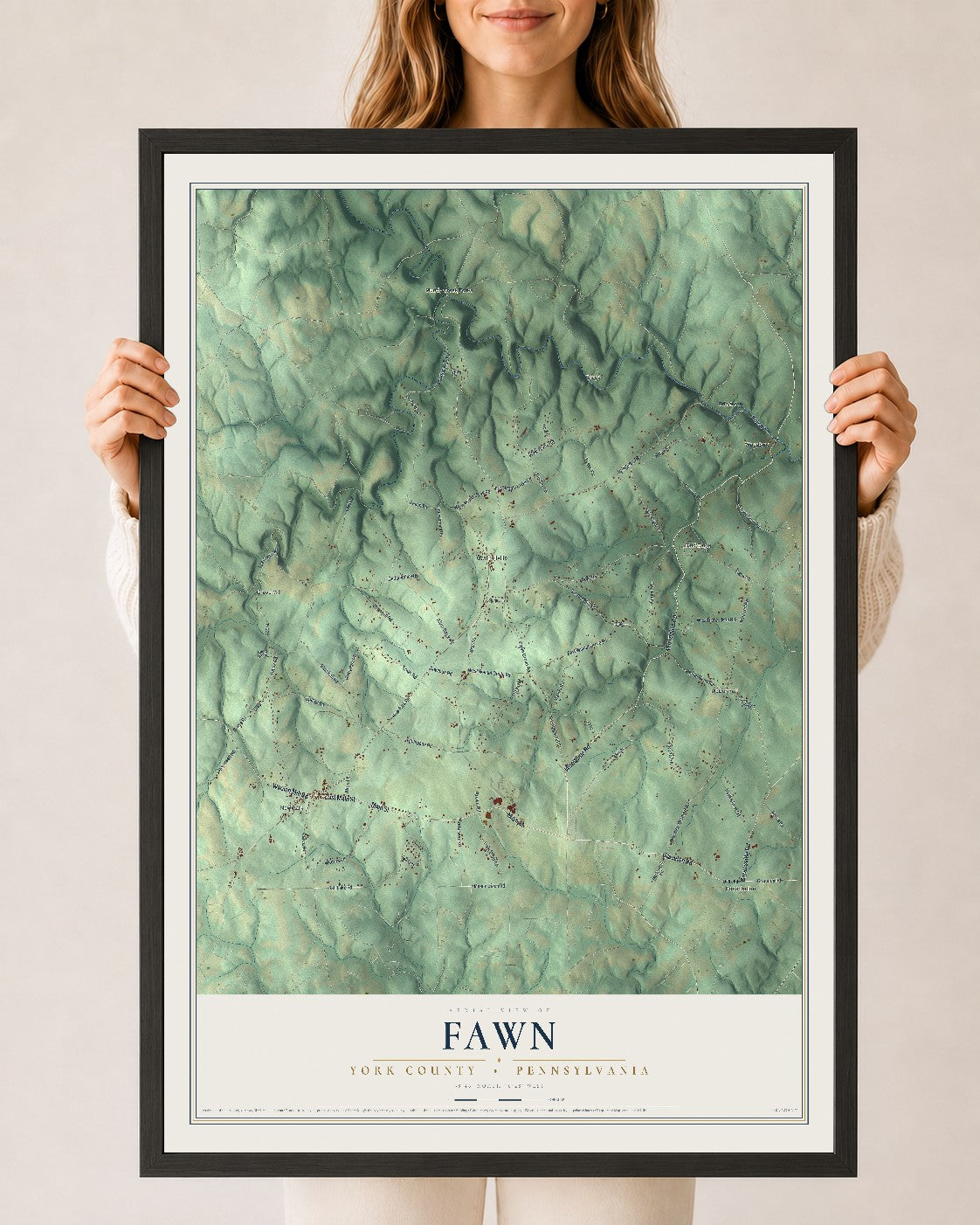 Map of Fawn, York County, Pennsylvania, 24 x 36 inch print in a black wood frame