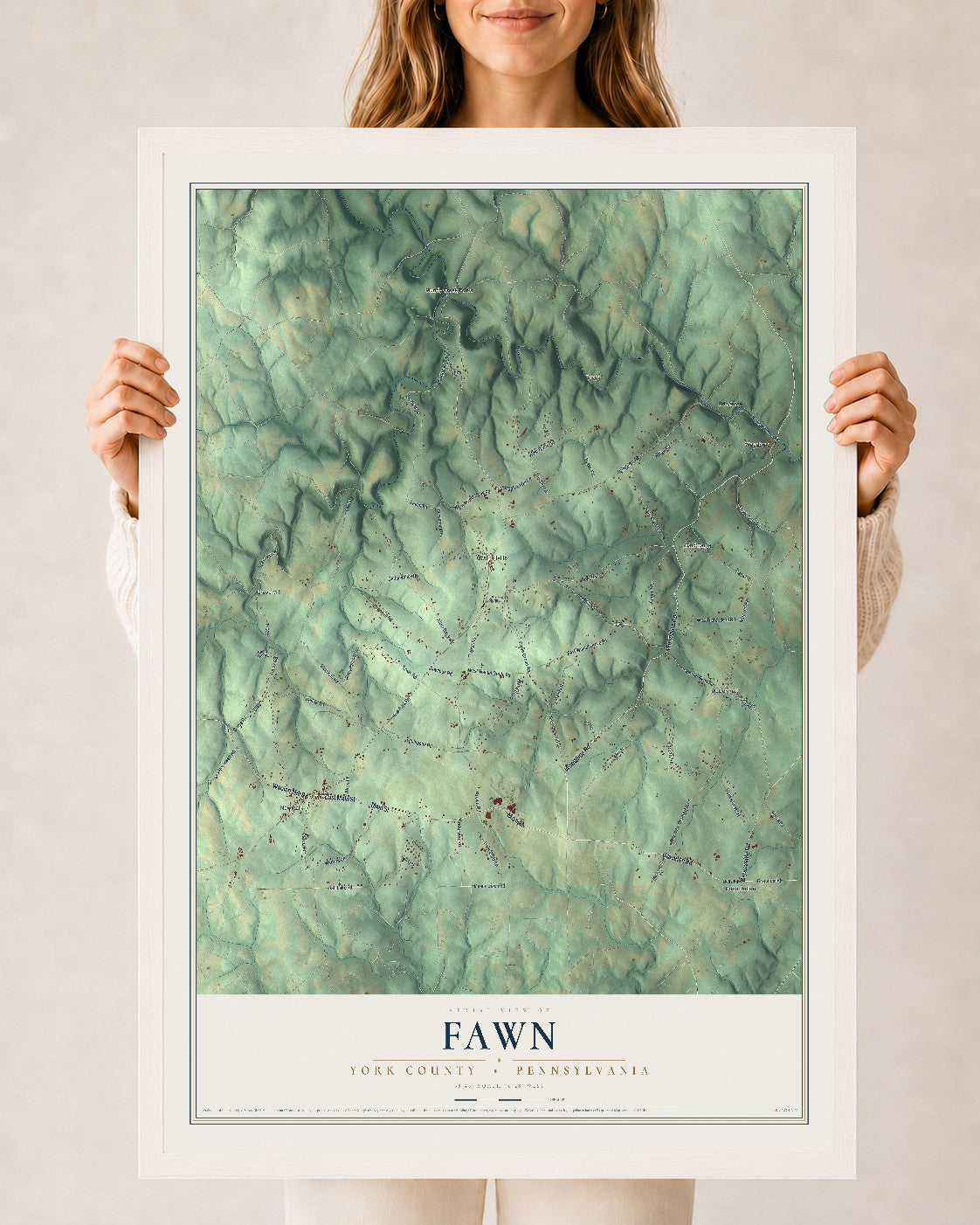 Map of Fawn, York County, Pennsylvania, 24 x 36 inch print in a white wood frame