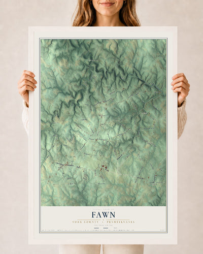 Map of Fawn, York County, Pennsylvania, 24 x 36 inch print in a white wood frame