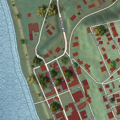 Close-up of the map of Fayette City, Pennsylvania print showing street and building detail