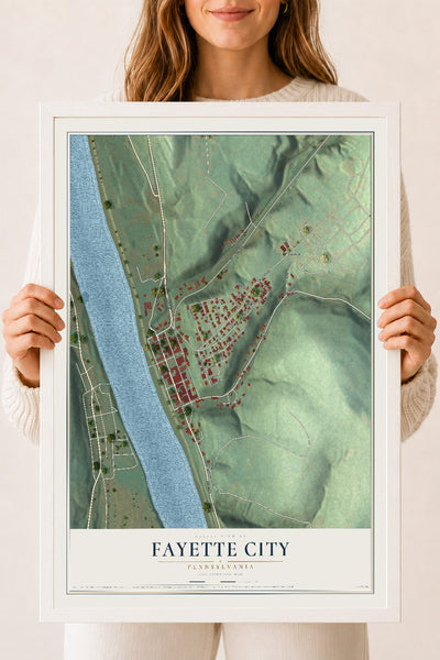 Map of Fayette City, Pennsylvania, 18 x 24 inch print in a white wood frame