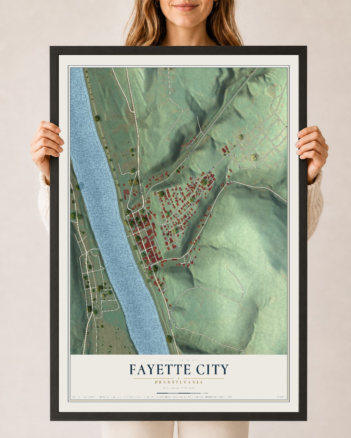 Map of Fayette City, Pennsylvania, 24 x 36 inch print in a black wood frame