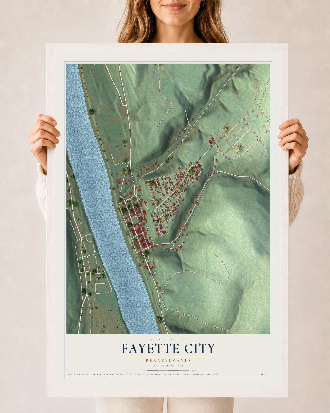 Map of Fayette City, Pennsylvania, 24 x 36 inch print in a white wood frame