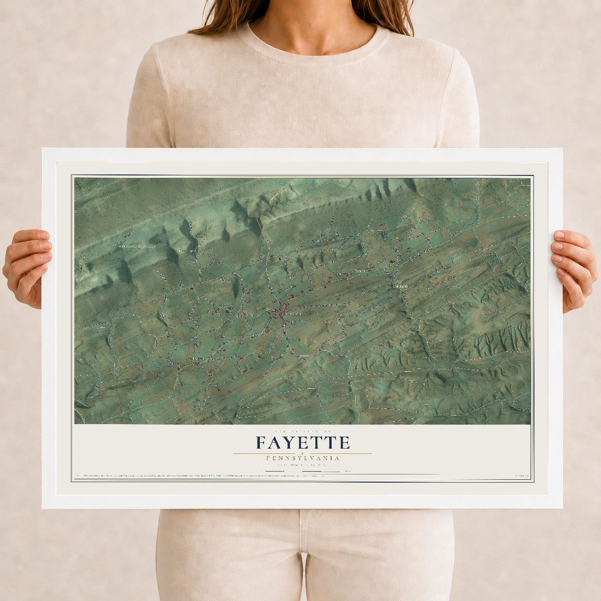 Map of Fayette, Pennsylvania, 12 x 18 inch print in a white wood frame