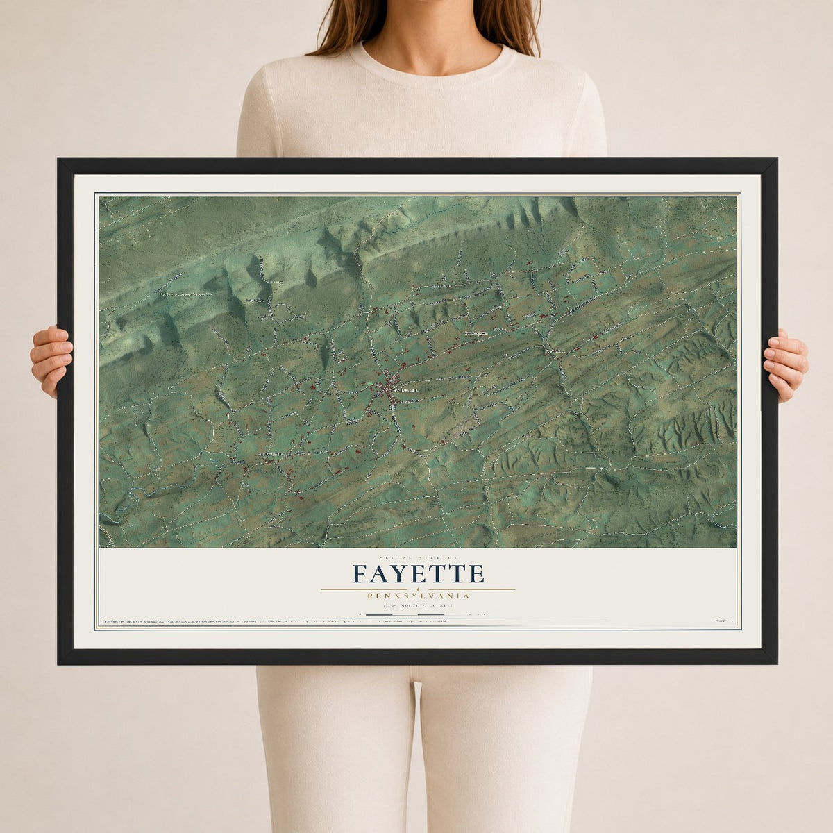 Map of Fayette, Pennsylvania, 24 x 36 inch print in a black wood frame
