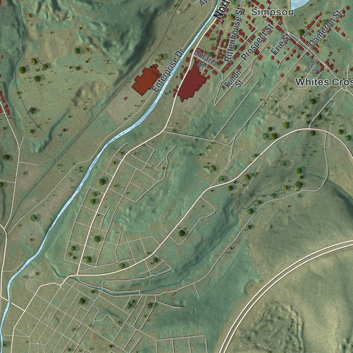 Second close-up of the map of Fell, Pennsylvania print showing more streets and buildings