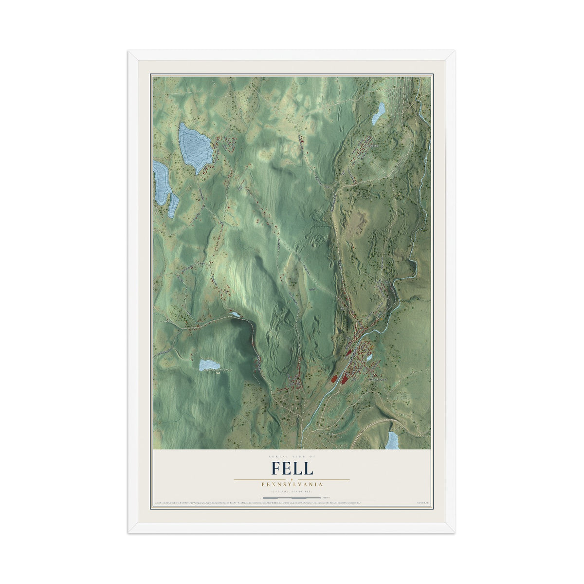 Map of Fell, Pennsylvania, 12 x 18 inch print in a white wood frame