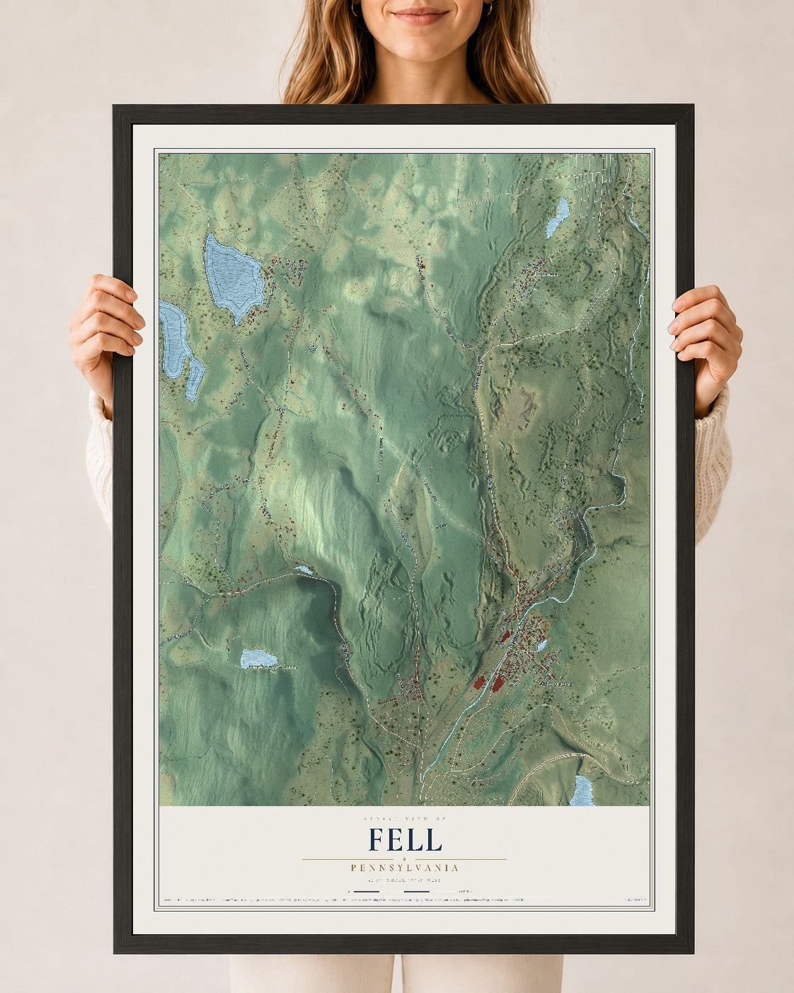 Map of Fell, Pennsylvania, 24 x 36 inch print in a black wood frame