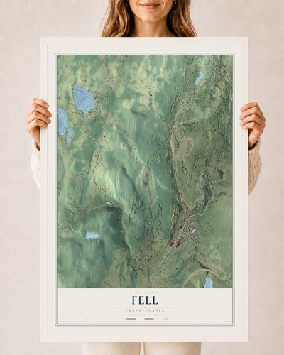 Map of Fell, Pennsylvania, 24 x 36 inch print in a white wood frame