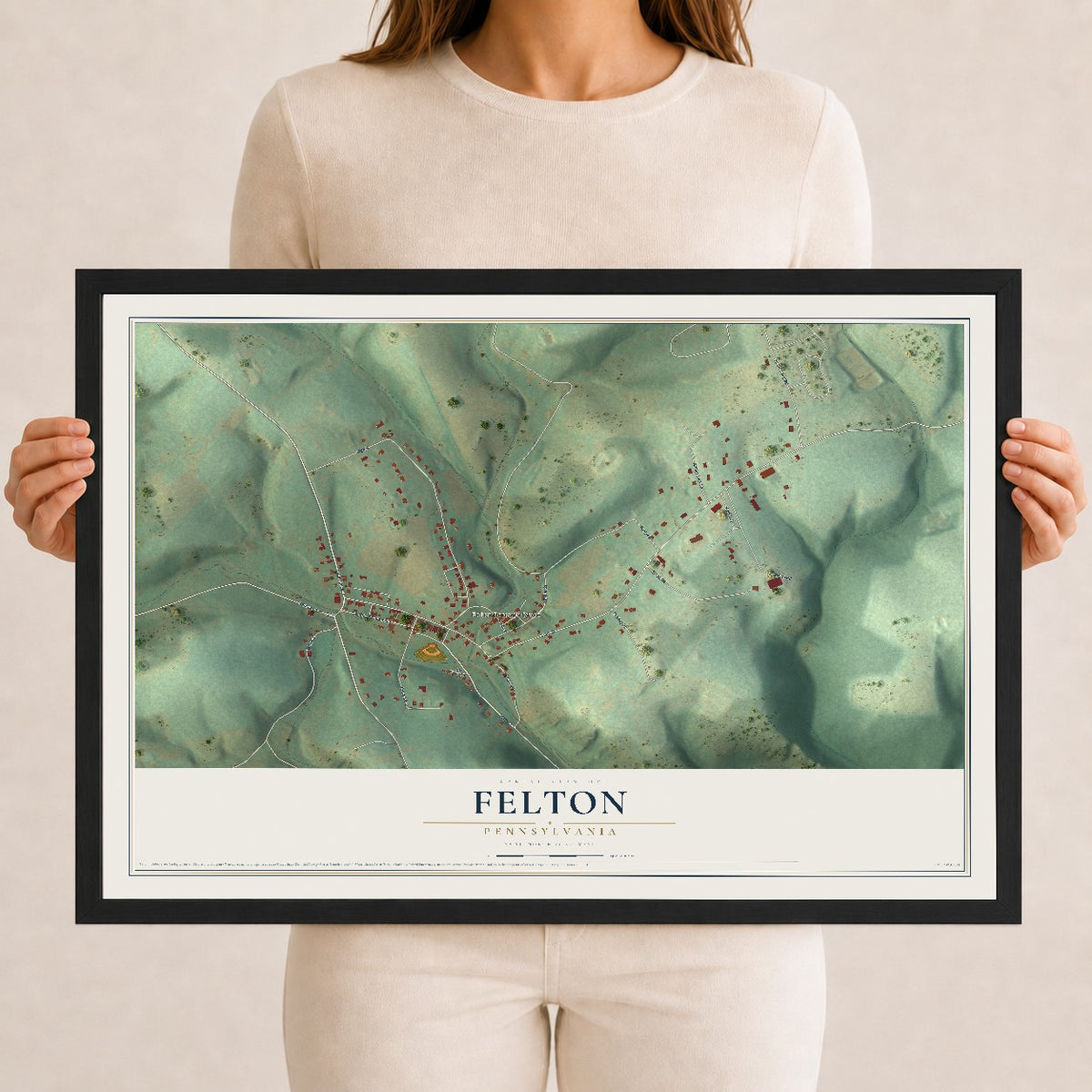 Map of Felton, Pennsylvania, 12 x 18 inch print in a black wood frame