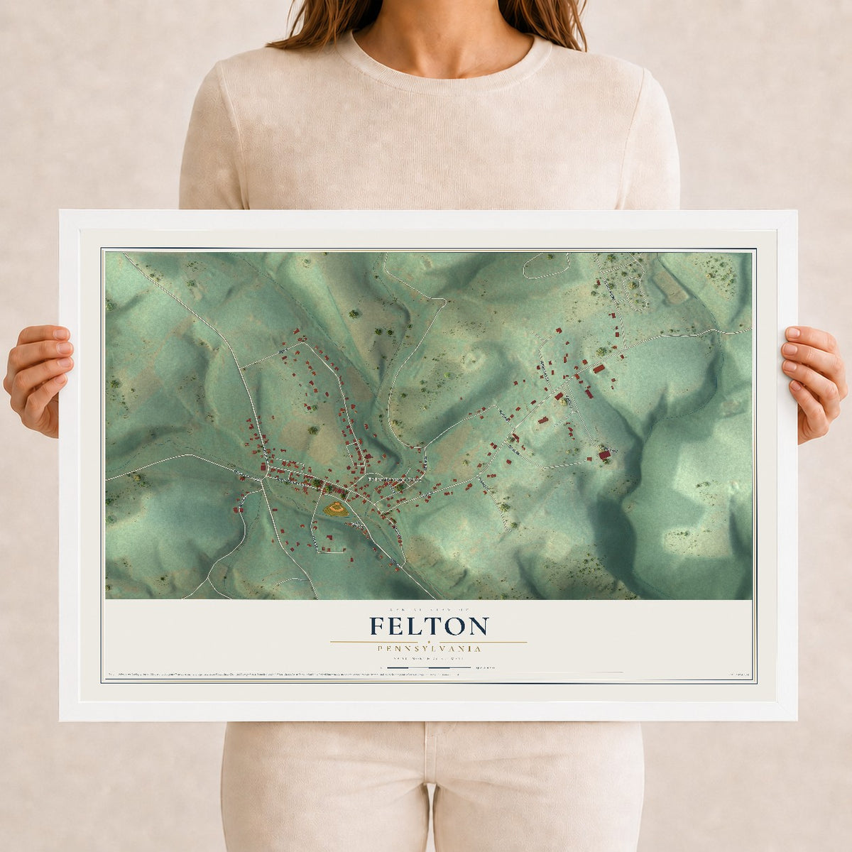 Map of Felton, Pennsylvania, 12 x 18 inch print in a white wood frame