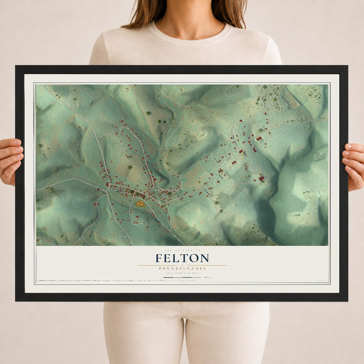 Map of Felton, Pennsylvania, 18 x 24 inch print in a black wood frame