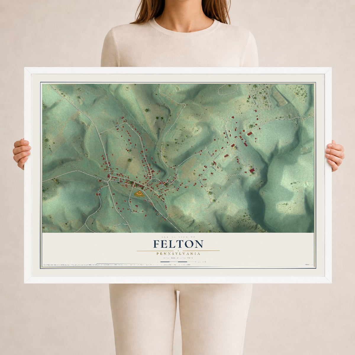 Map of Felton, Pennsylvania, 24 x 36 inch print in a white wood frame