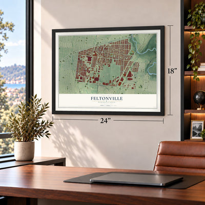 Feltonville, Pennsylvania map, 18 x 24 inch print in a black frame in a home office