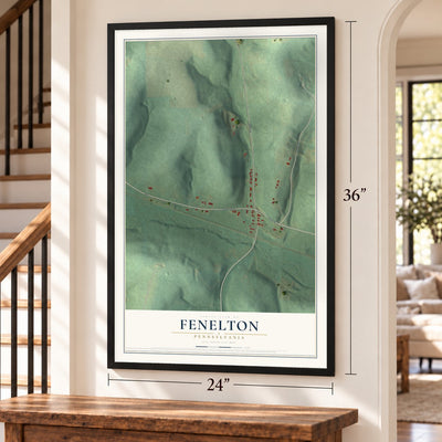 Fenelton, Pennsylvania map, 24 x 36 inch print in a black frame by a staircase