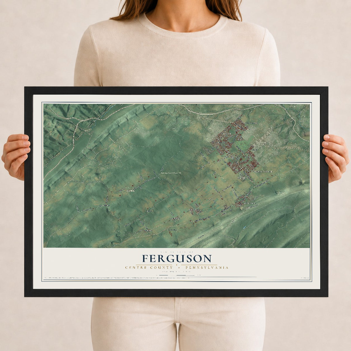 Map of Ferguson, Centre County, Pennsylvania, 12 x 18 inch print in a black wood frame