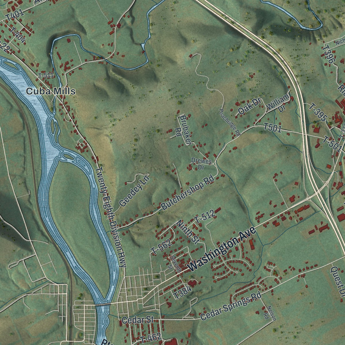 Close-up of the map of Fermanagh, Pennsylvania print showing street and building detail