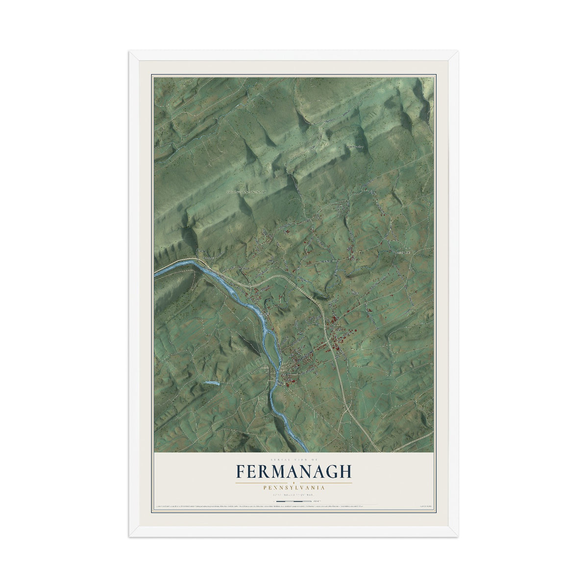 Map of Fermanagh, Pennsylvania, 12 x 18 inch print in a white wood frame